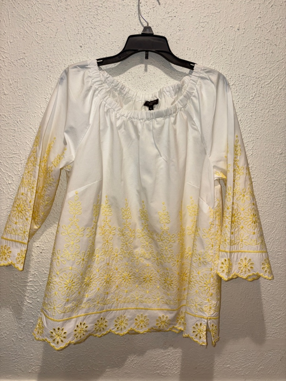 Talbots White Peasant Top with Yellow Embroidery